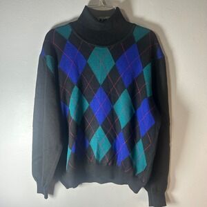 Talbots Petites PM Black Argyle Turtleneck Sweater Merino Wool Made in Italy